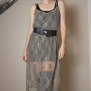 Y2K 90's Style H.I.P. Sheer Purple Lace Long Slip Dress Floral Side Slit Medium